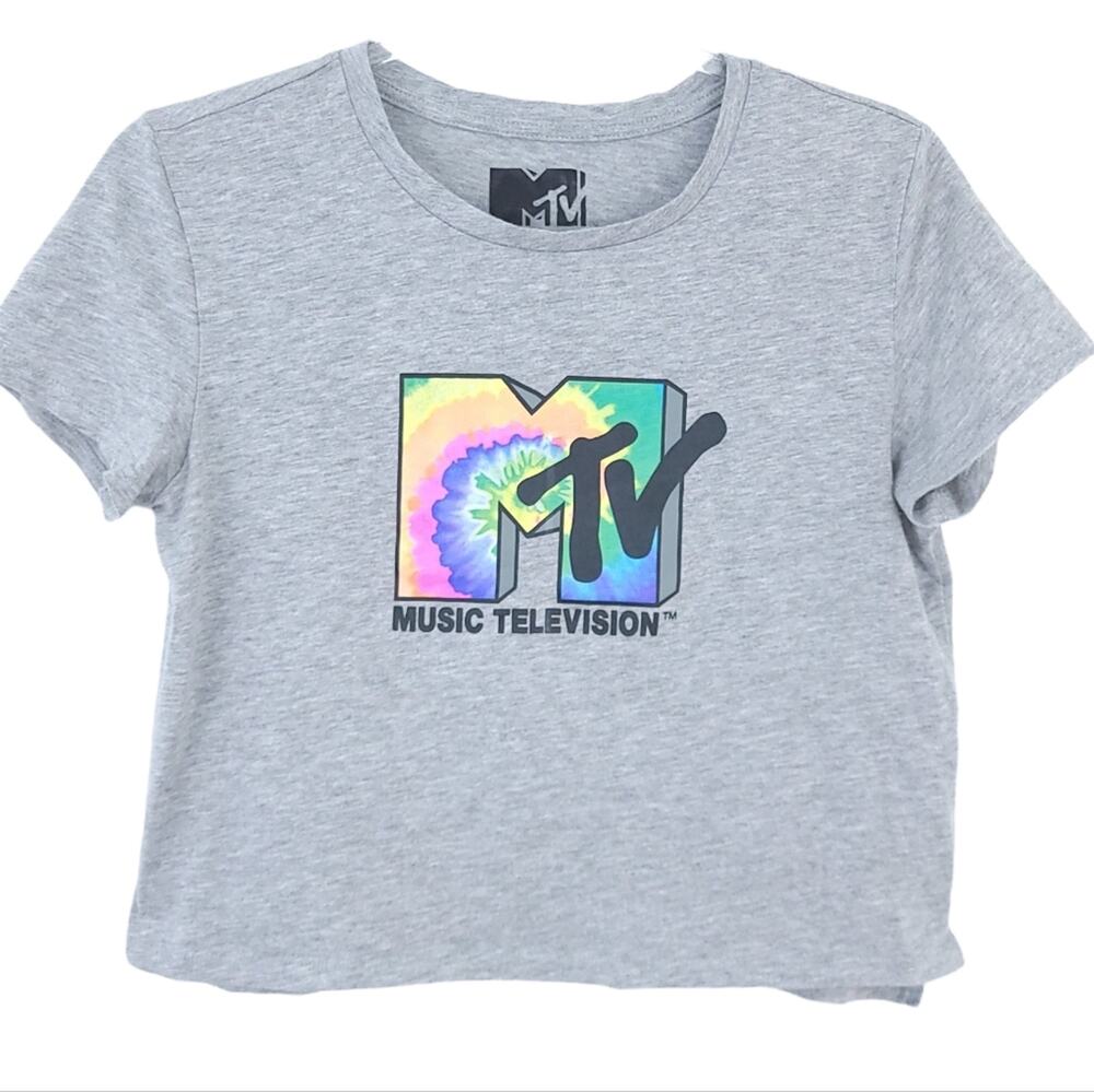 MTV Cropped Tee Medium Juniors Gray Logo Shirt Short Sleeve Casual Top Shirt